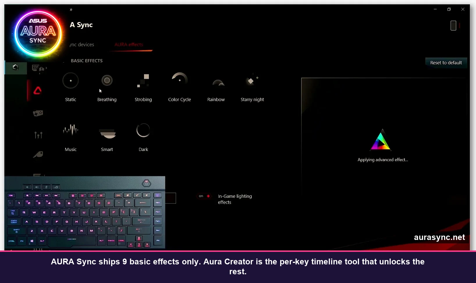 Armoury Crate AURA Sync basic effects panel showing Static Breathing Strobing Color Cycle Rainbow Music Smart Dark