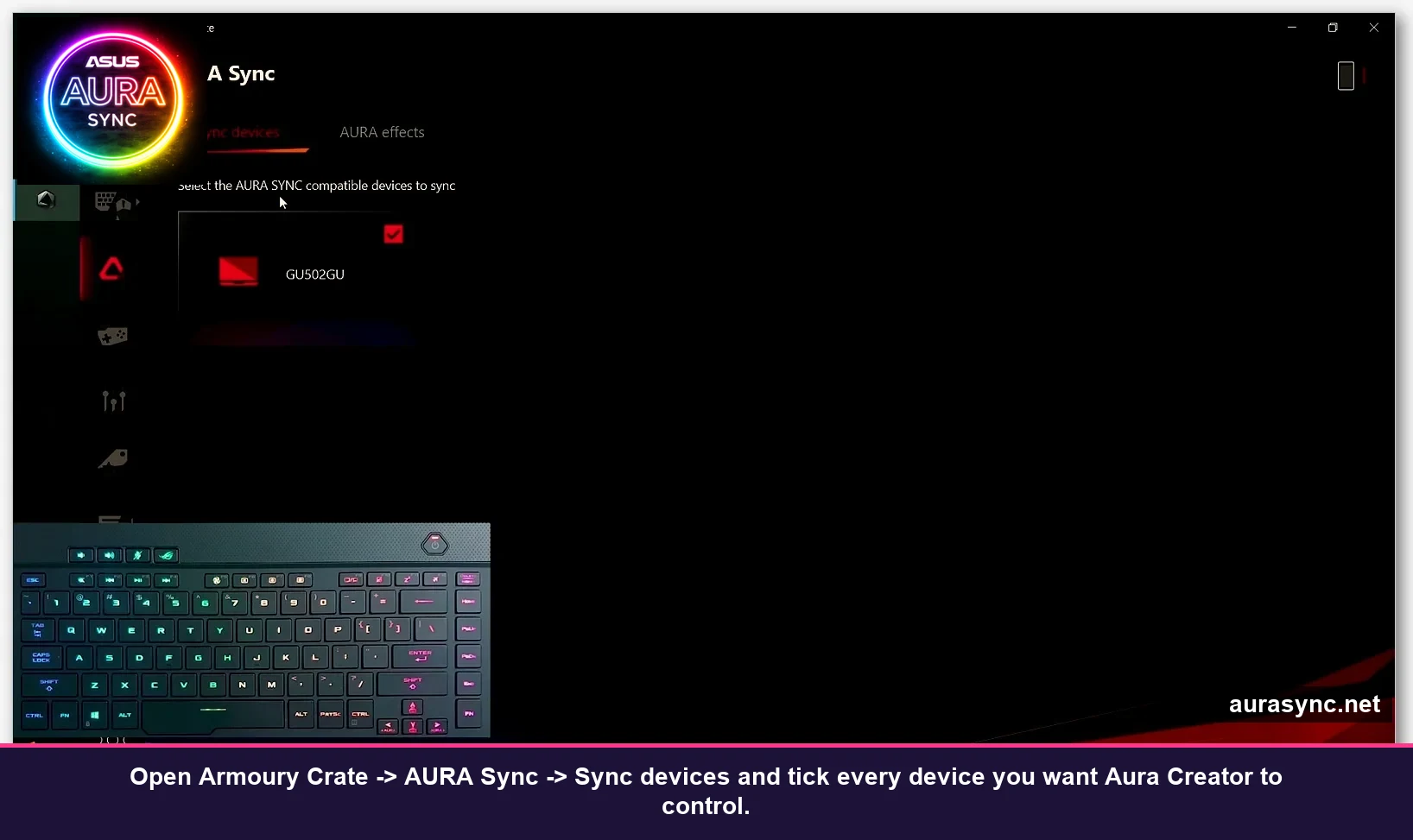 Armoury Crate AURA Sync Sync Devices tab with the GU502GU laptop ticked