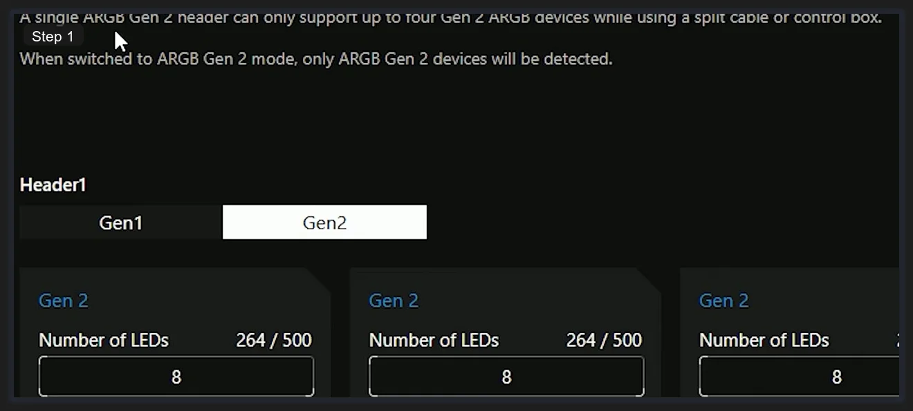 Armoury Crate Aura Sync ARGB header showing Gen1 and Gen2 toggle with LED count cards