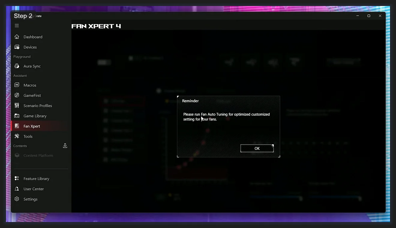 Armoury Crate main interface with Fan Xpert selected and Auto Tuning reminder popup