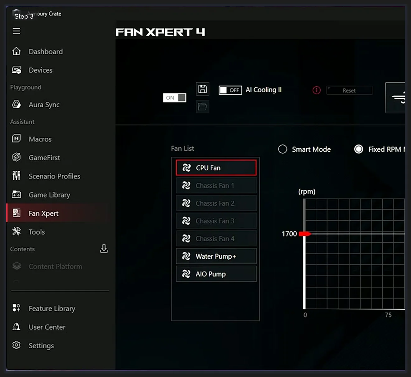 Fan Xpert 4 fan list showing CPU Fan, Chassis Fan 1-4, Water Pump and AIO Pump with RPM reading