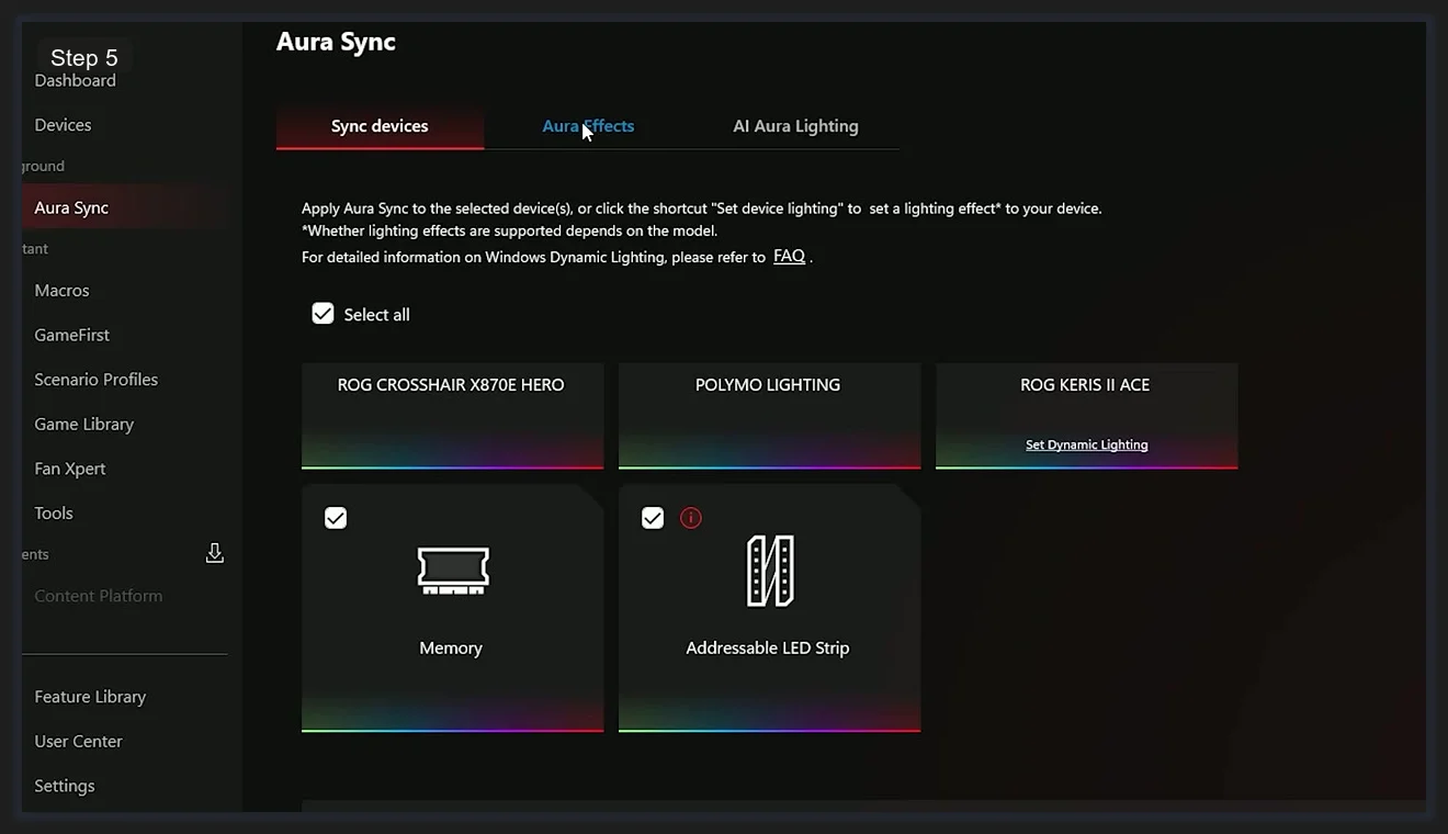 Aura Sync Sync Devices tab showing ROG CROSSHAIR X870E HERO, POLYMO LIGHTING, ROG KERIS II ACE, Memory, and Addressable LED Strip
