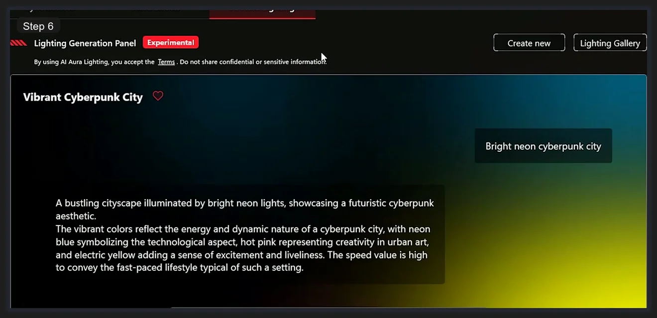 Armoury Crate AI Aura Lighting panel showing Vibrant Cyberpunk City effect with neon gradient