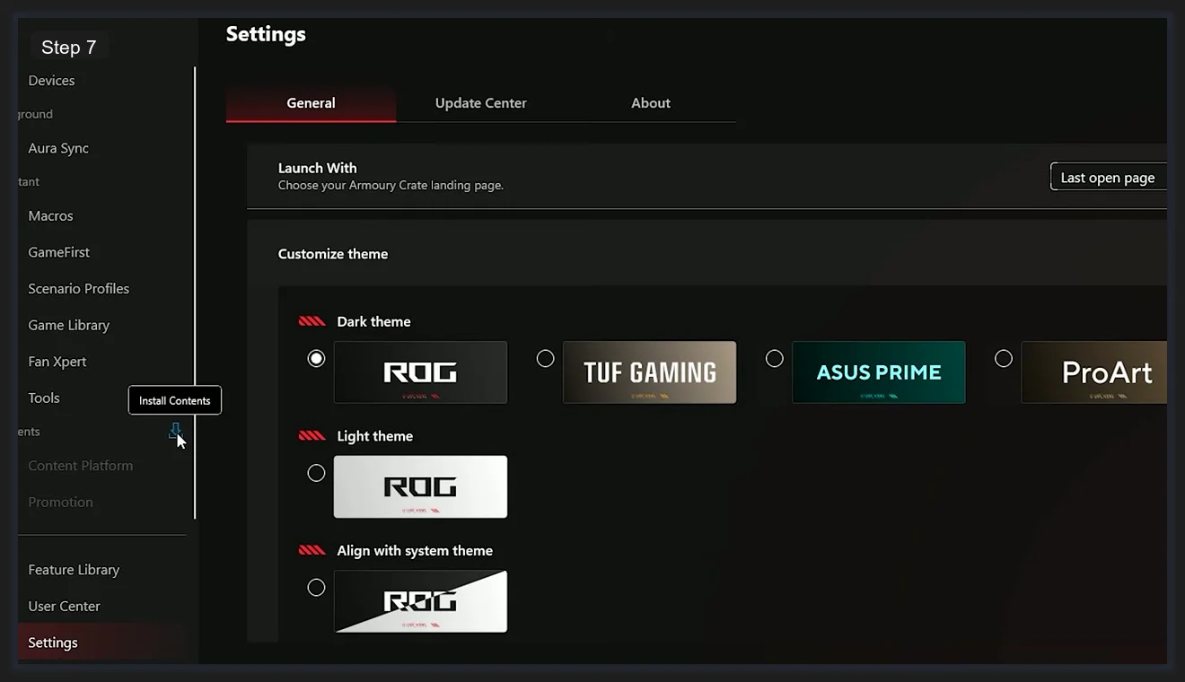 Armoury Crate Settings showing theme options including ROG, TUF Gaming, ASUS PRIME, and ProArt dark themes