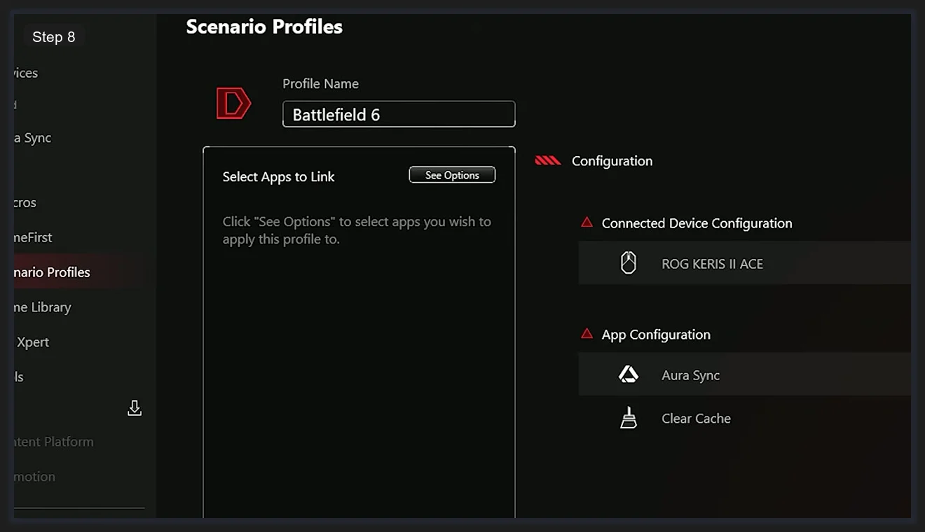 Armoury Crate Scenario Profiles showing Battlefield 6 profile with ROG KERIS II ACE device configuration