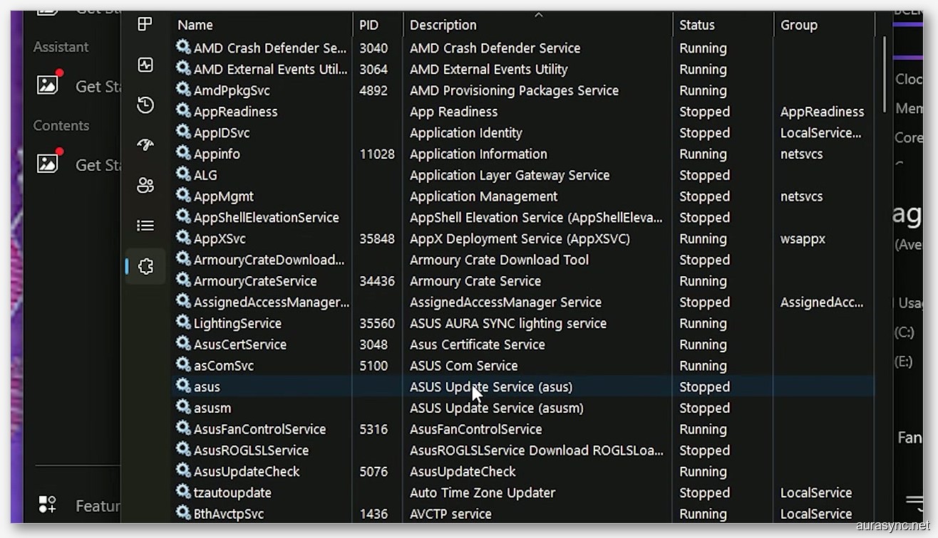 Windows Services panel showing Armoury Crate and ASUS background services consuming system resources