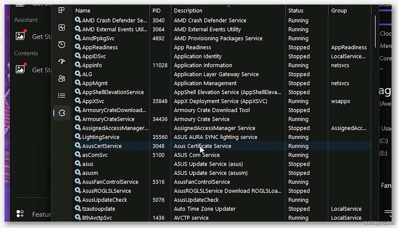 ASUS Aura Sync Lighting Service highlighted in Windows Services, the process that conflicts with iCUE and SignalRGB