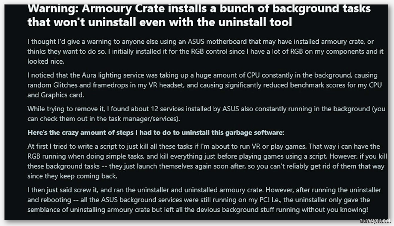 Community warning about Armoury Crate installing persistent background tasks that survive uninstall
