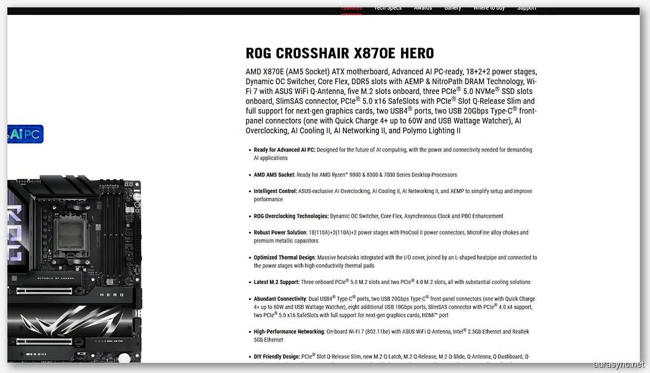 ASUS ROG Crosshair X870E Hero product support page where you navigate to find the Armoury Crate uninstall tool