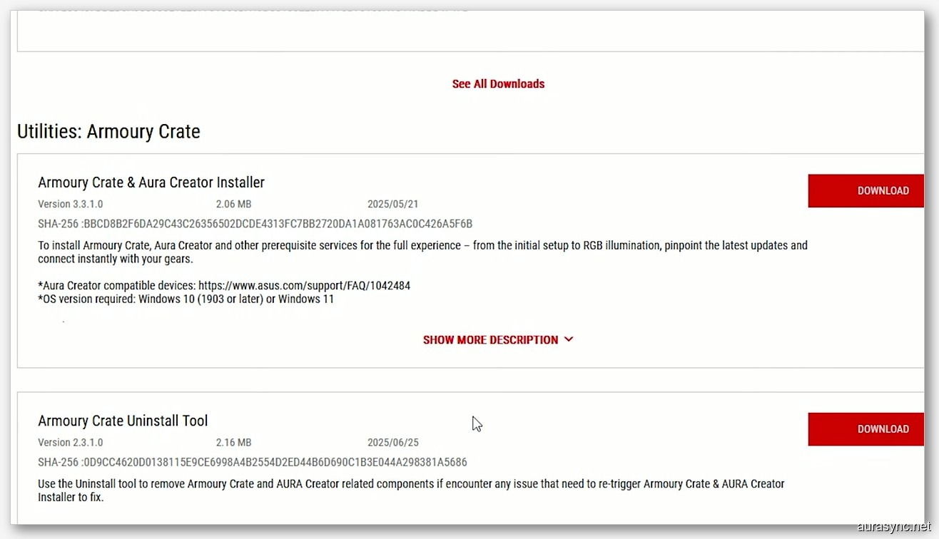 ASUS Utilities download page showing Armoury Crate Installer and Uninstall Tool with download buttons