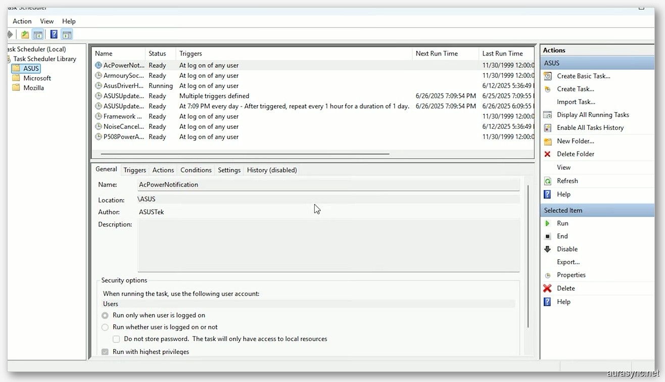 Windows Task Scheduler showing ASUS scheduled tasks including AcPowerNotification and AsusDownload that need deletion