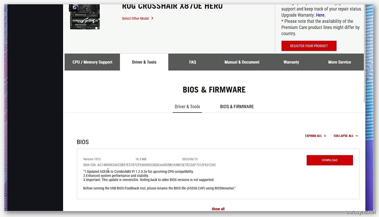 ASUS BIOS and Firmware download page for ROG Crosshair X870E Hero, the direct alternative to Armoury Crate updates