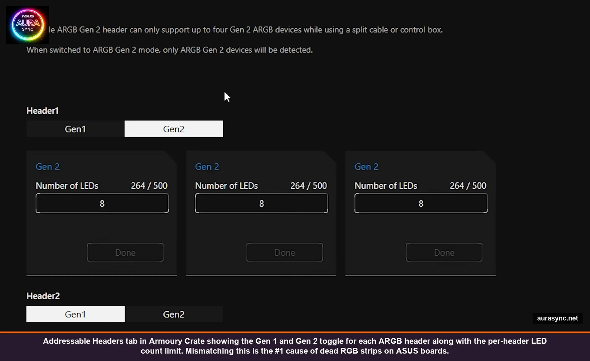 ASUS Armoury Crate Addressable Headers configuration tab showing Gen 1 vs Gen 2 ARGB toggle for each header on the ROG Crosshair X870E Hero with per-header LED count limit indicator