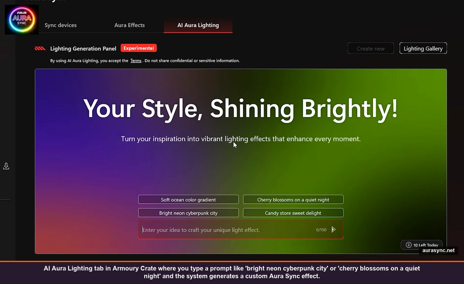 AI Aura Lighting tab in Armoury Crate showing prompt input field with example prompts soft ocean wave gradient, bright neon cyberpunk city, cherry blossoms on a quiet night, candy store sweet delight