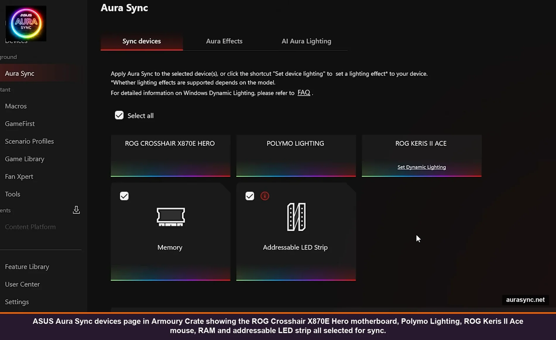 ASUS Aura Sync devices page in Armoury Crate showing the ROG Crosshair X870E Hero motherboard, Polymo Lighting, ROG Keris II Ace mouse, RAM and addressable LED strip selected for unified RGB sync