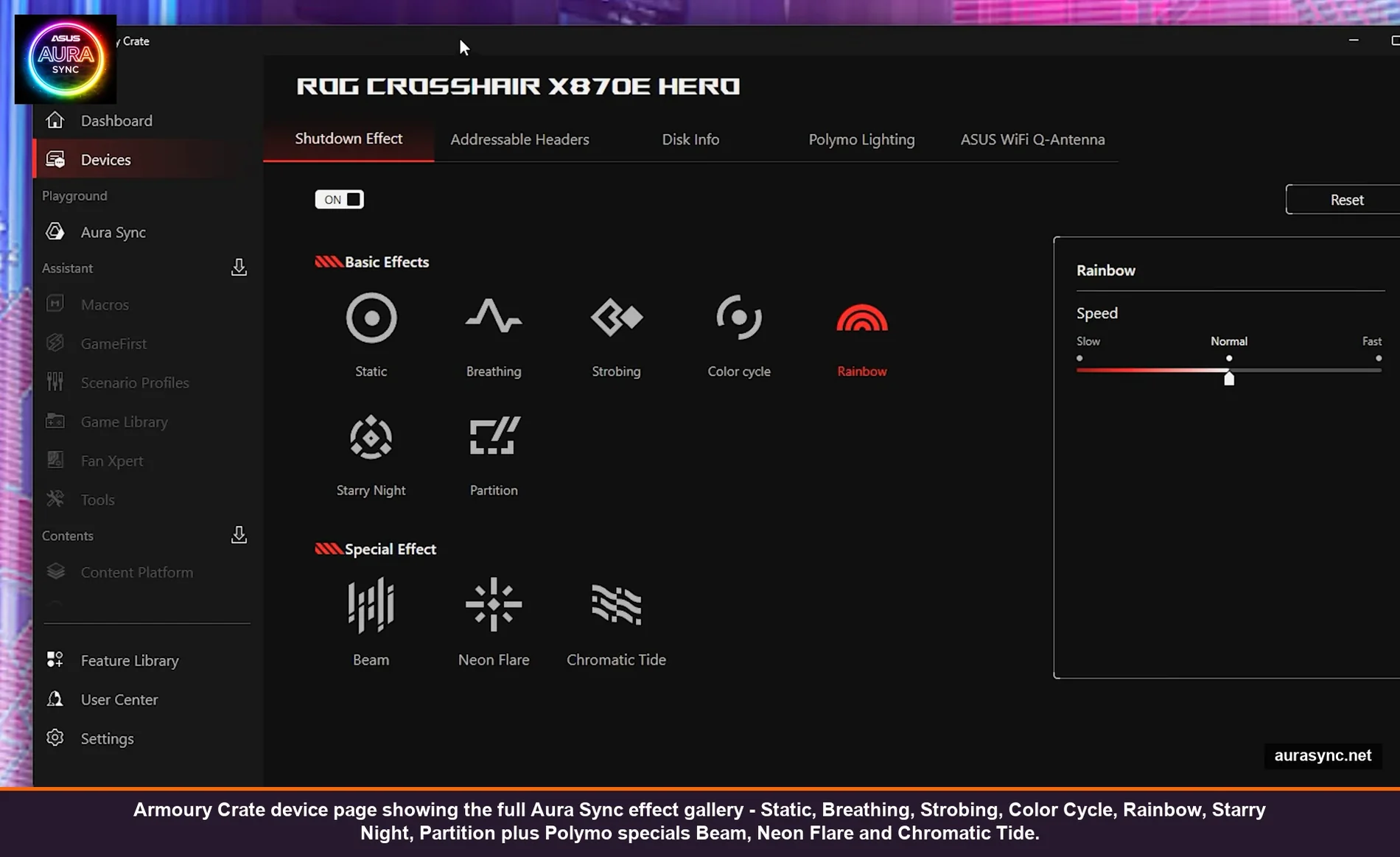 Armoury Crate Aura Sync effect gallery showing all RGB effects including Static, Breathing, Strobing, Color Cycle, Rainbow, Starry Night, Partition and Polymo special effects Beam, Neon Flare, Chromatic Tide