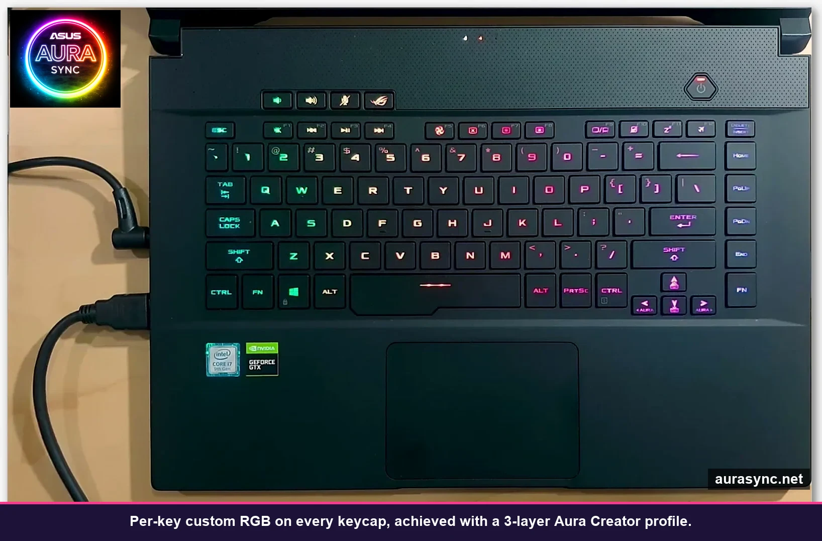 ASUS ROG Zephyrus laptop with per-key RGB lighting from Aura Creator