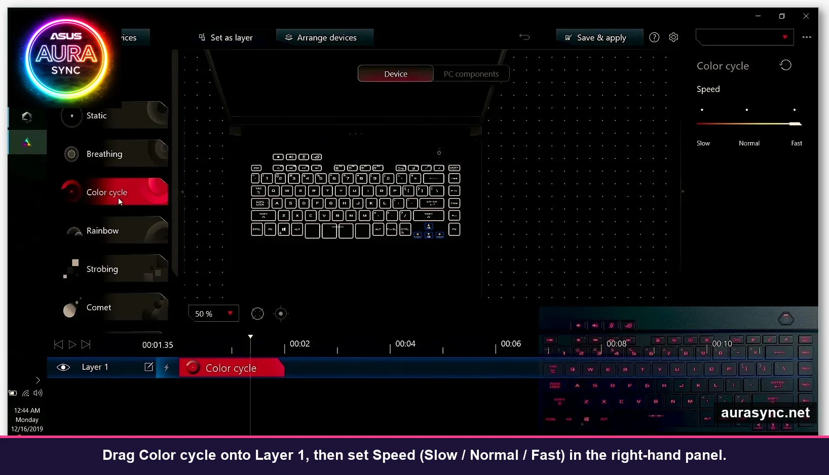 Aura Creator Color cycle effect on Layer 1 with Speed slider open on the right