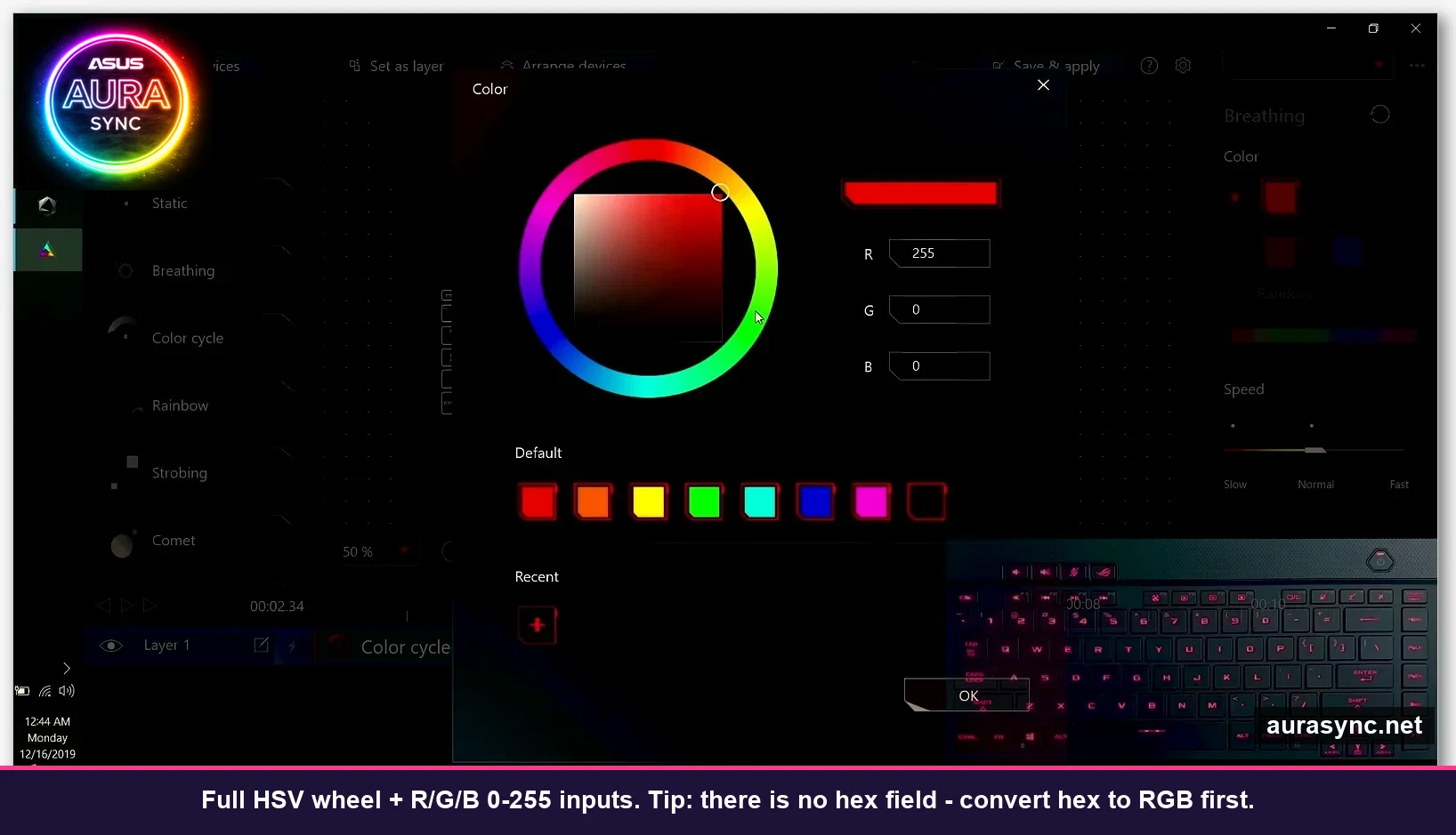 Aura Creator color picker with HSV wheel R G B inputs default swatches and recent colors