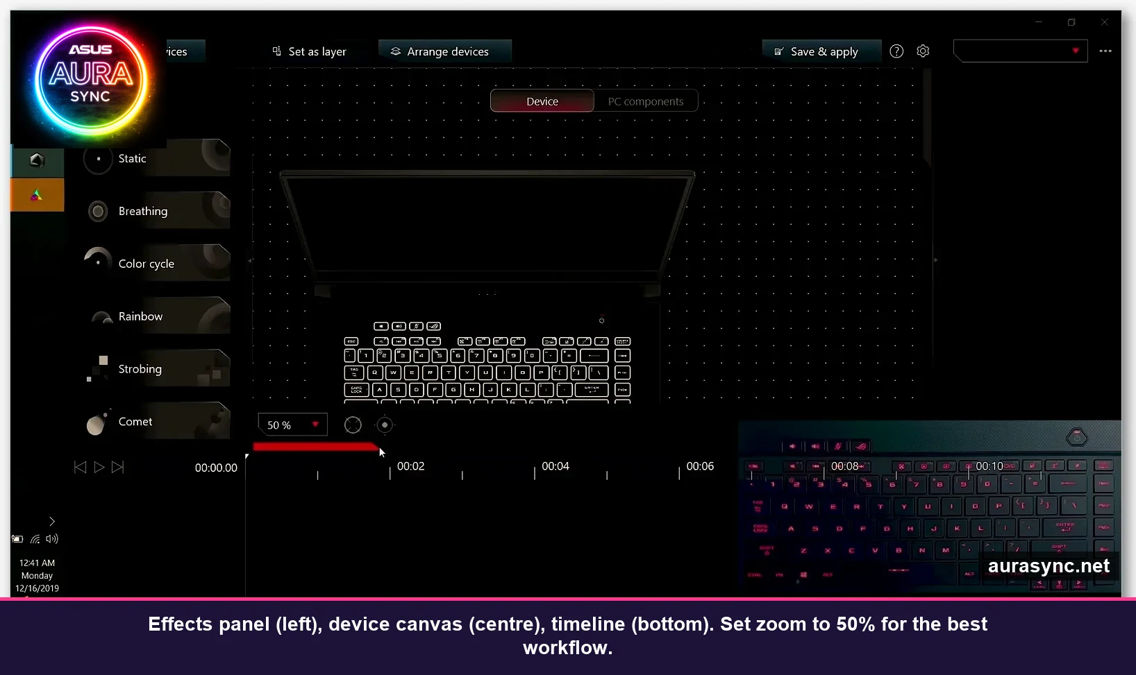 Aura Creator main interface with Effects panel device canvas and timeline