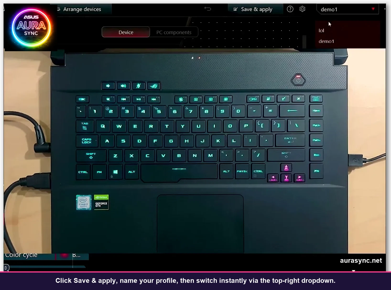 Aura Creator saved profile dropdown showing demo1 and lol presets