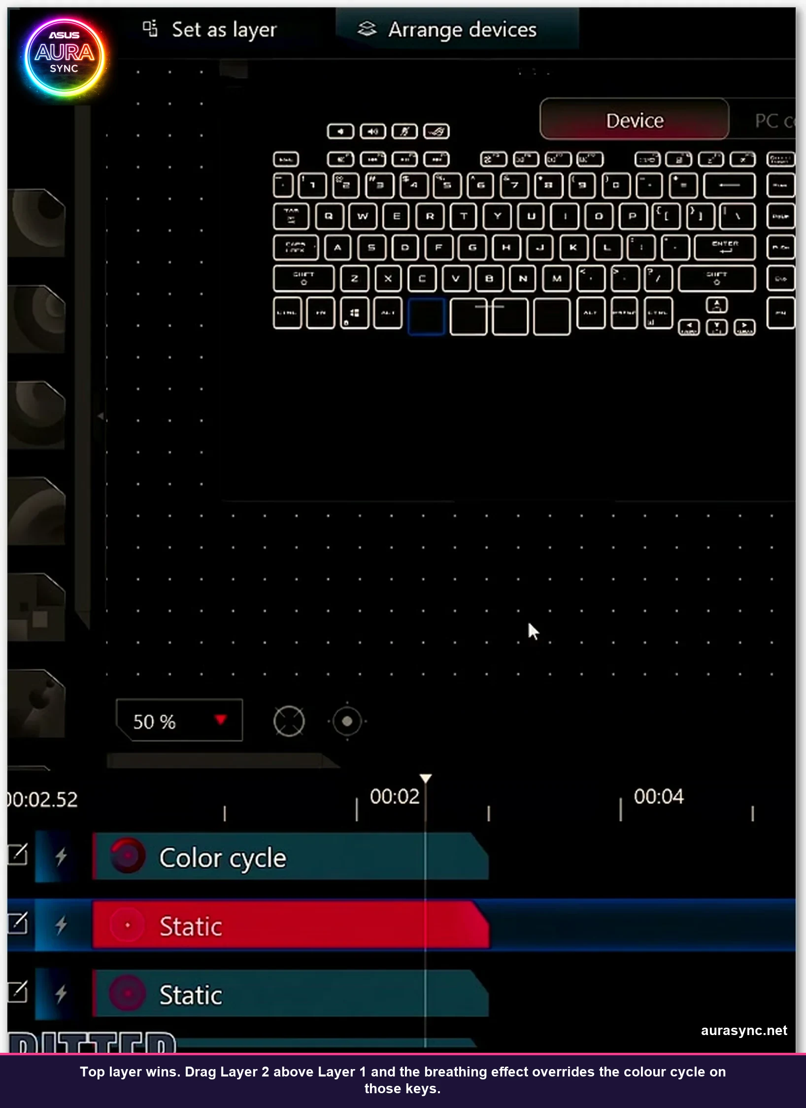 Aura Creator timeline with Color cycle Static and Static layers stacked showing layer priority