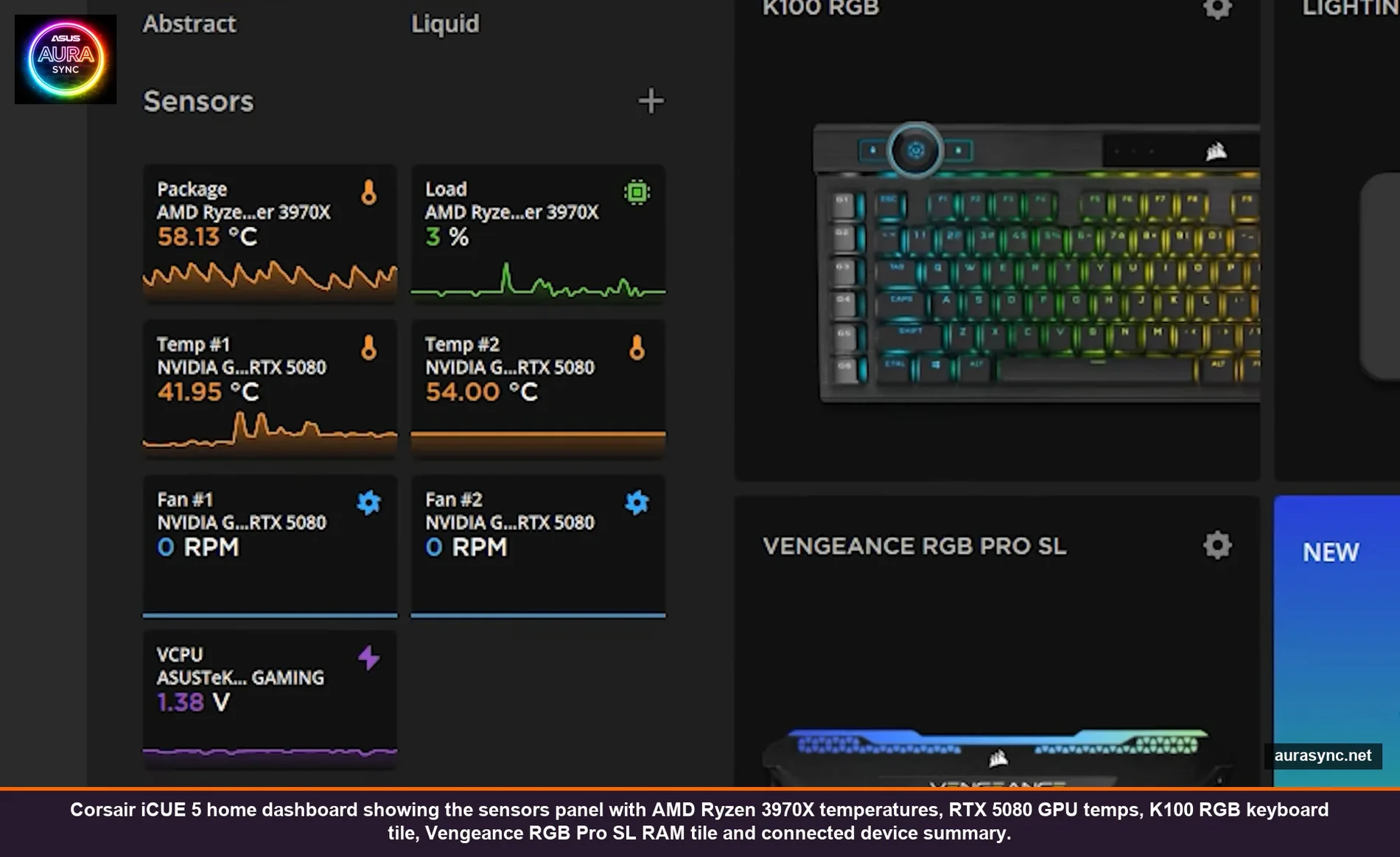 Corsair iCUE 5 home dashboard showing the sensors panel with AMD Ryzen 3970X temperatures, RTX 5080 GPU temps, K100 RGB keyboard tile, Vengeance RGB Pro SL RAM tile and connected device summary
