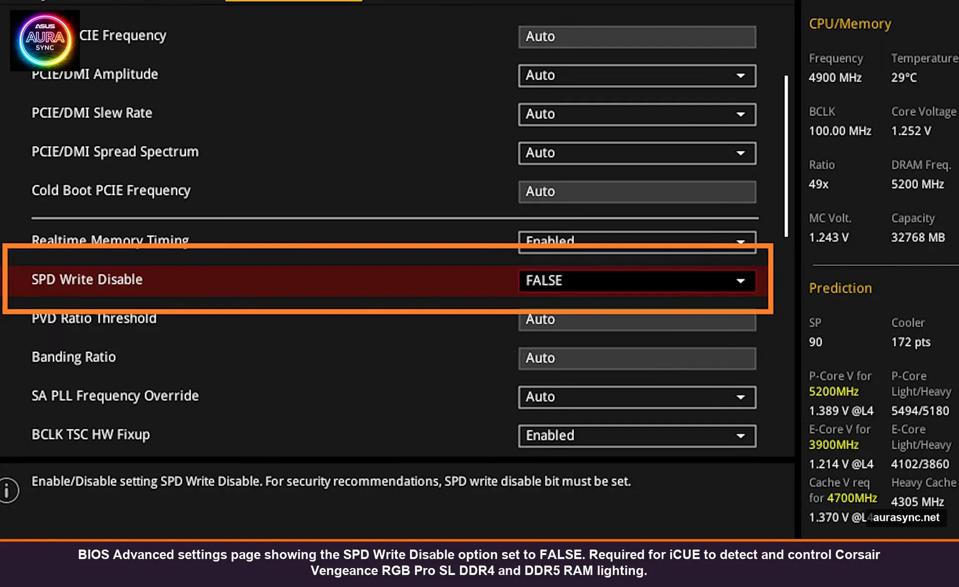 BIOS Advanced settings page showing the SPD Write Disable option set to FALSE, required for iCUE to detect and control Corsair Vengeance RGB Pro SL DDR4 and DDR5 RAM lighting