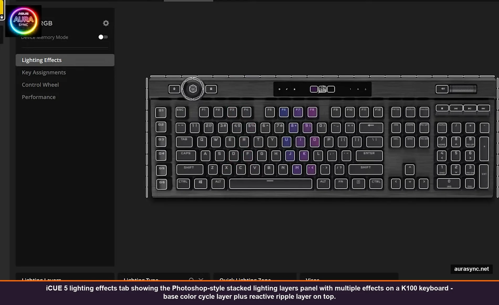 iCUE 5 lighting effects tab showing the Photoshop-style stacked lighting layers panel with multiple effects on a K100 keyboard - base color cycle layer plus reactive ripple layer on top