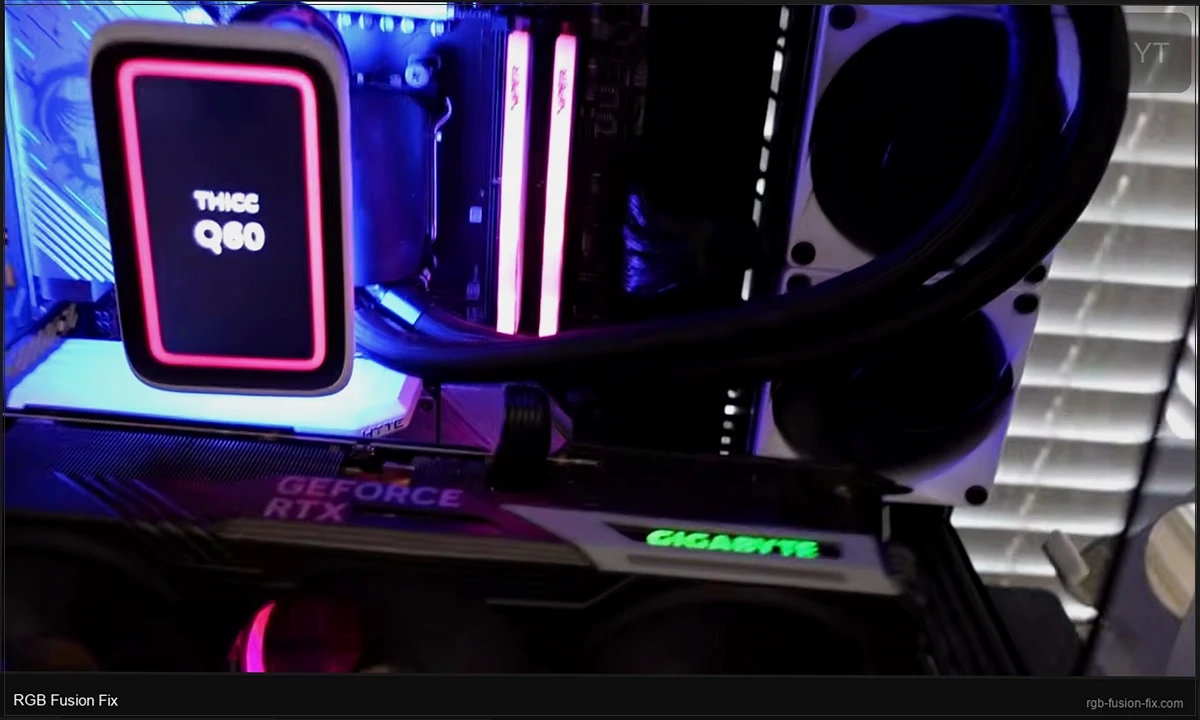 Gigabyte RTX GPU and RGB RAM sticks inside PC case showing hardware RGB components