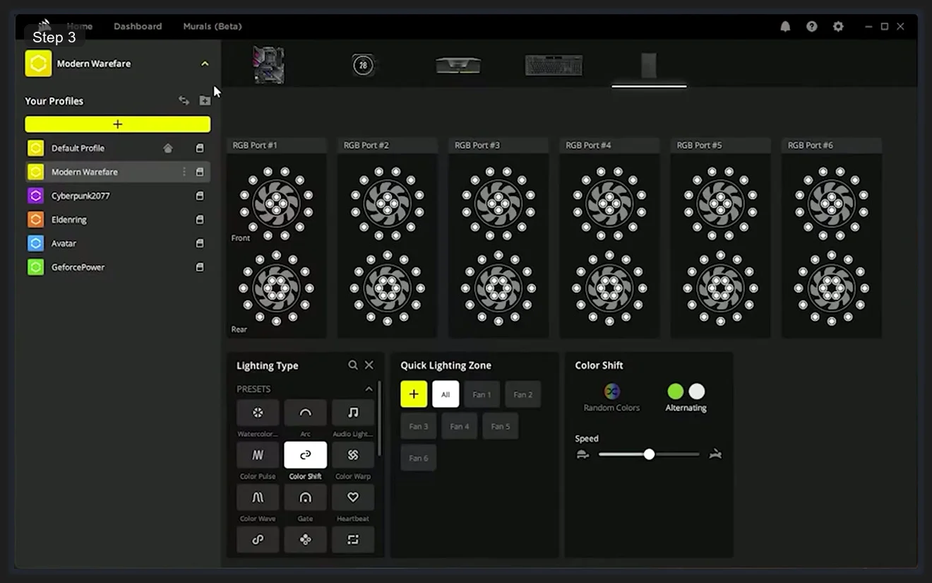 Corsair iCUE showing a Commander device with RGB Port 1 through RGB Port 6 each displaying front and rear fan positions with LED ring visualizations, Color Shift lighting type selected, and Quick Lighting Zone controls for Fan 1 through Fan 6 individually