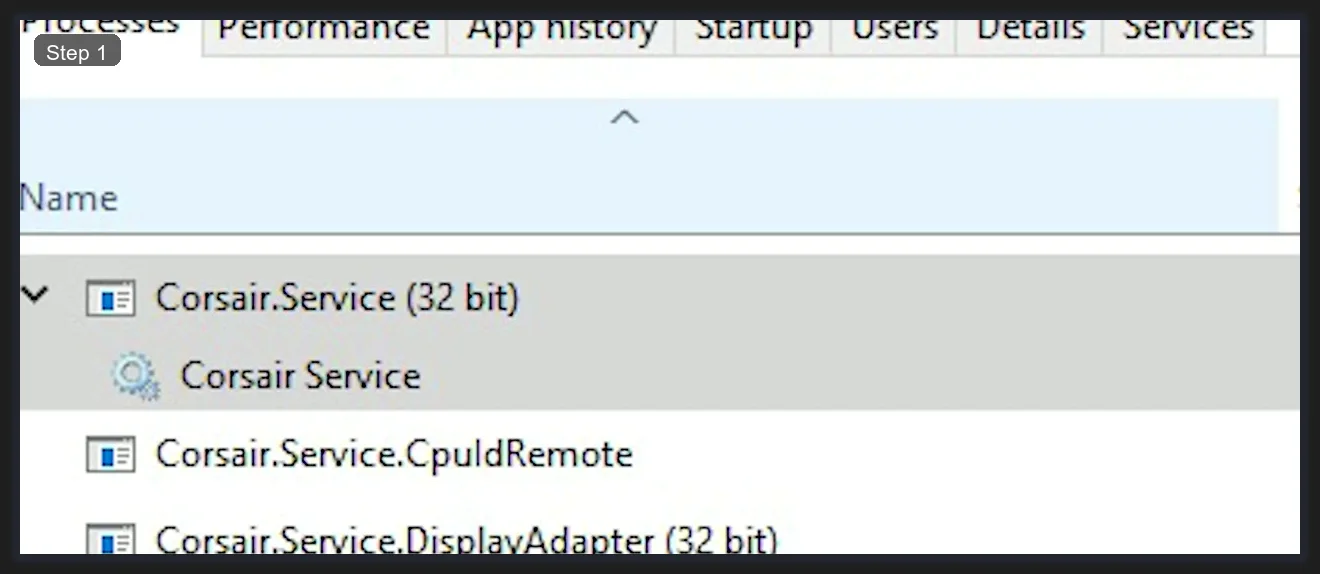Windows Task Manager Processes tab showing Corsair.Service (32 bit) expanded with child processes Corsair Service, Corsair.Service.CpuIdRemote, and Corsair.Service.DisplayAdapter running in the background