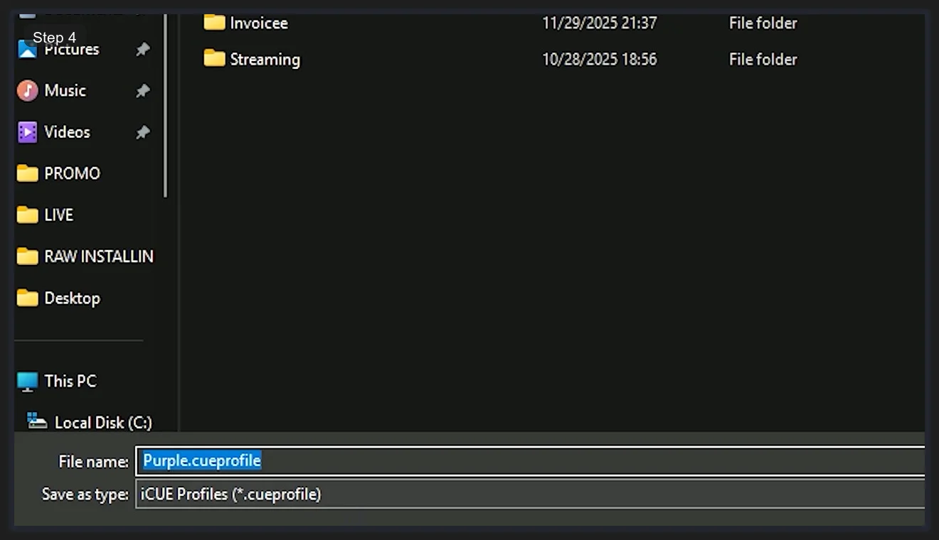 Windows file save dialog for exporting an iCUE profile, showing the filename field containing Purple.cueprofile and Save as type set to iCUE Profiles with .cueprofile extension, with Desktop and This PC visible in the left sidebar