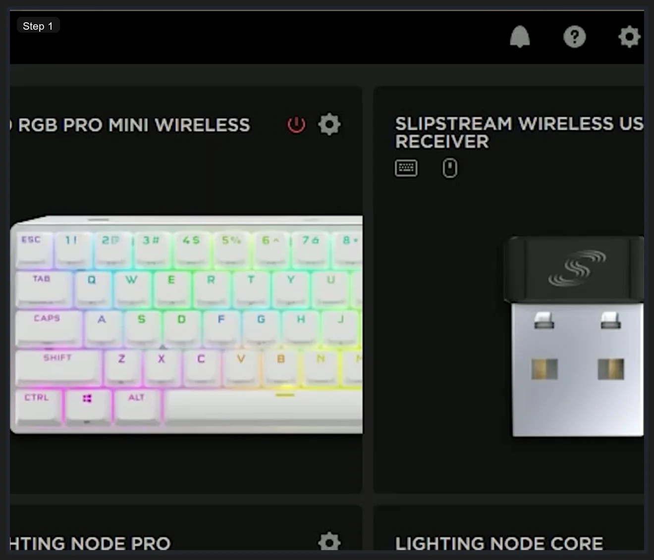 iCUE 5 home screen showing multiple connected Corsair devices including K70 keyboard, M65 mouse, and Lighting Node accessories