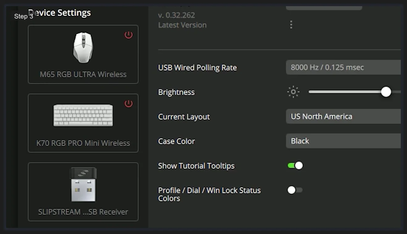 iCUE 5 Device Settings showing USB Wired Polling Rate at 8000 Hz