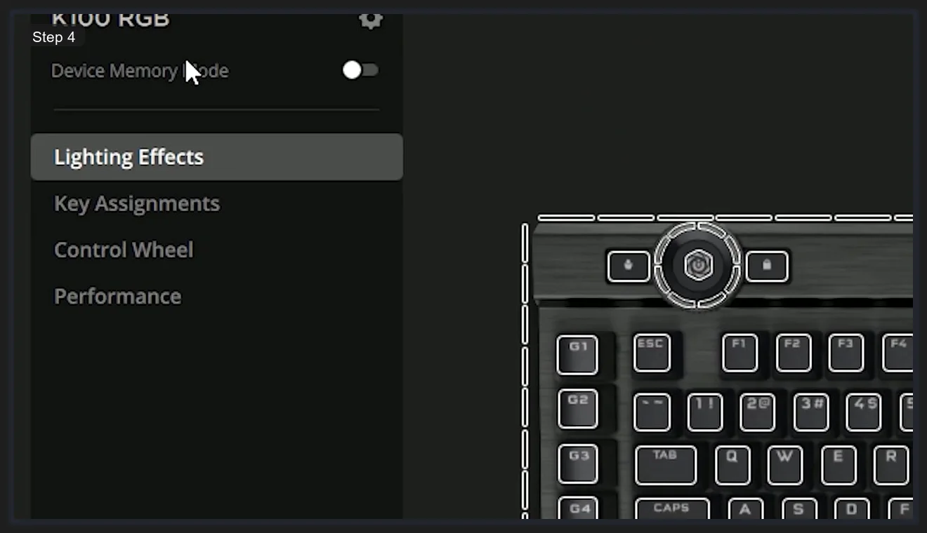iCUE 5 K100 keyboard settings showing Device Memory Mode toggle