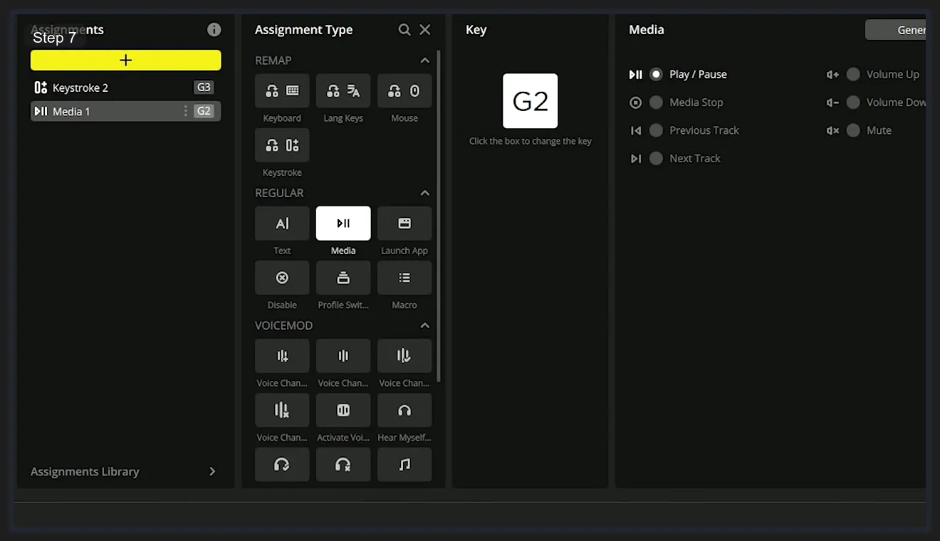 iCUE 5 key assignment showing G2 media control mapping
