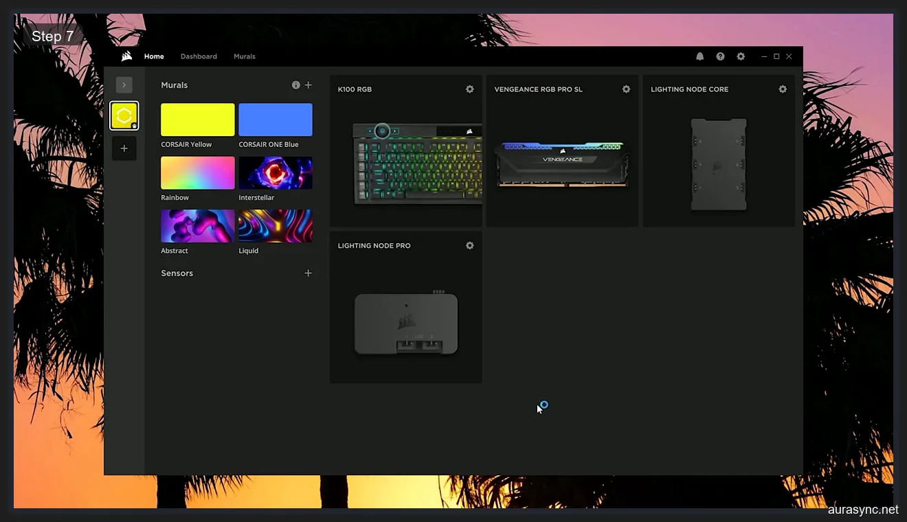 Corsair iCUE 5 home screen showing all devices successfully detected with RGB effects active and murals panel