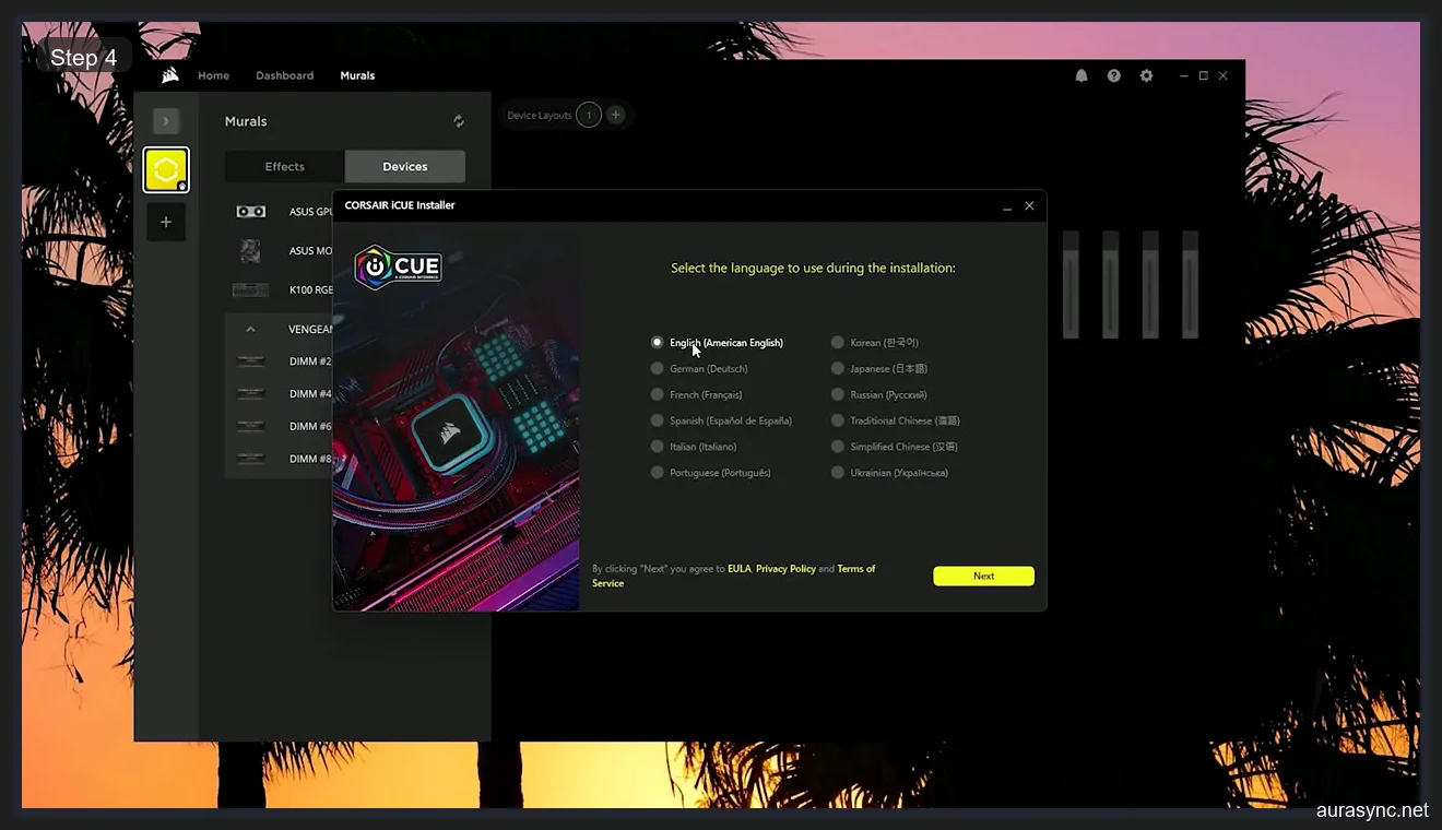 Corsair iCUE installer showing language selection and repair option for fixing corrupted iCUE installation