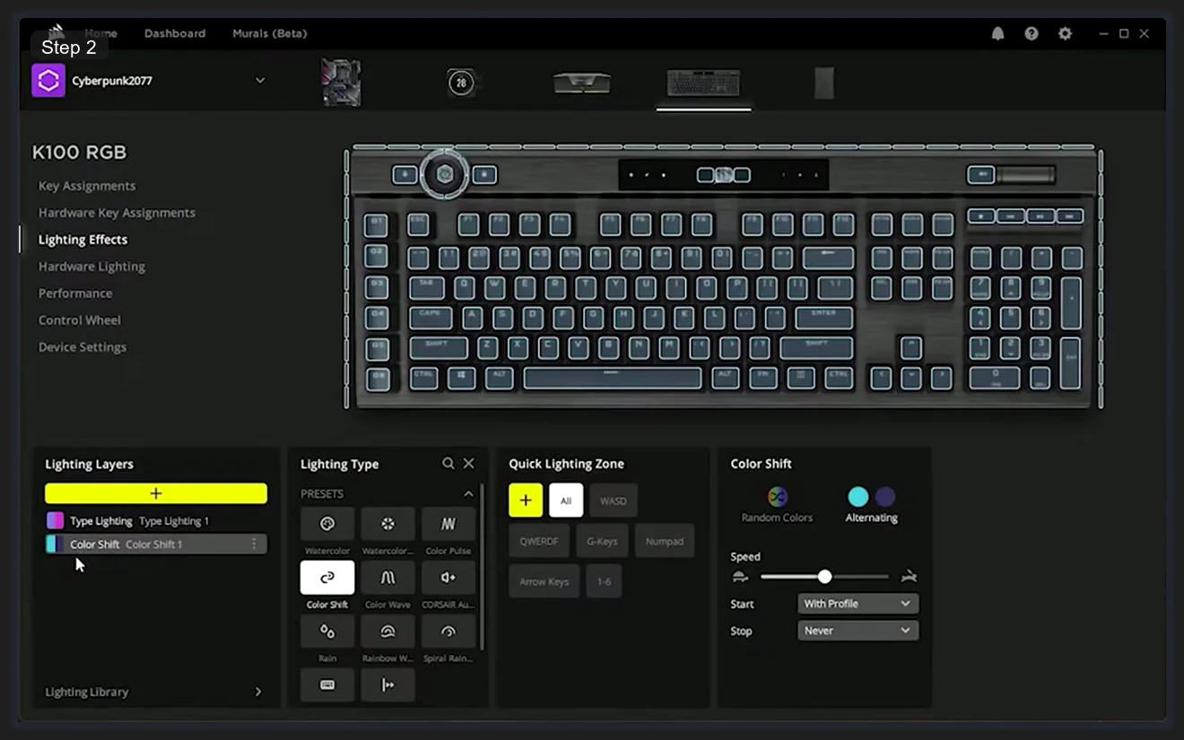Corsair iCUE 5 showing Corsair K100 RGB keyboard with Lighting Effects tab selected, Lighting Layers panel displaying Type Lighting and Color Shift layers, and Lighting Type presets including Color Shift, Color Wave, Rain, and Rainbow Wave visible in the Cyberpunk2077 profile
