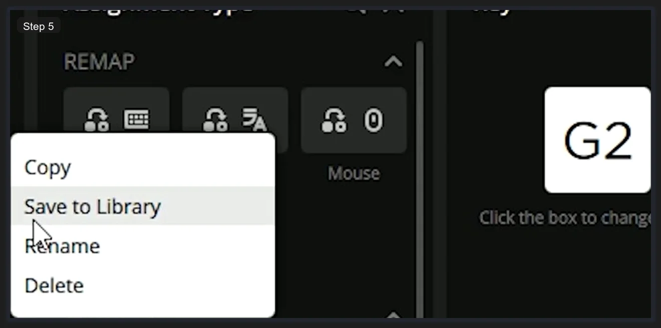 Corsair iCUE Key Assignments REMAP section showing a right-click context menu on a remap assignment with options Copy, Save to Library, Rename, and Delete, with a G2 key label visible on the right side of the screen