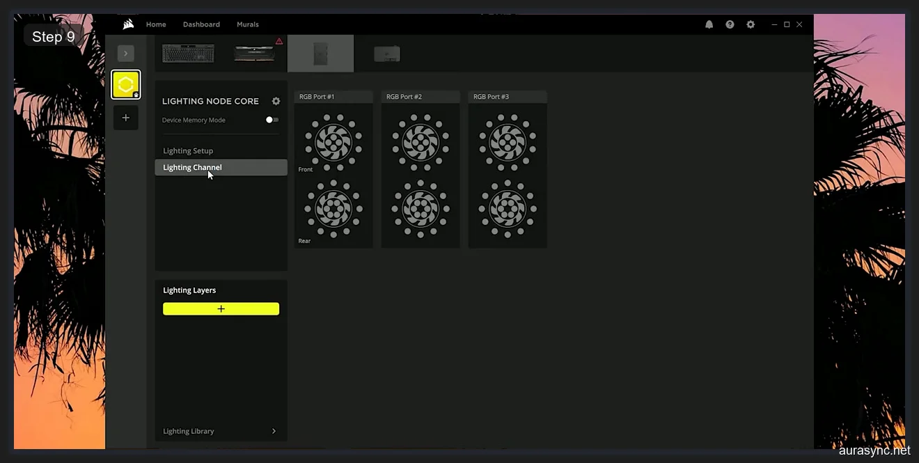Corsair iCUE Lighting Node CORE showing front and rear fan layout with six fans across three RGB ports and Lighting Layers panel
