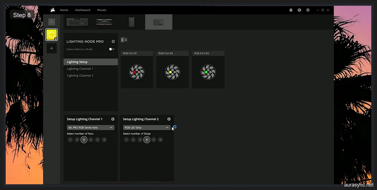 Corsair iCUE Lighting Node PRO setup showing three RGB ports with ML PRO RGB Series Fans on Channel 1 and RGB LED Strip on Channel 2