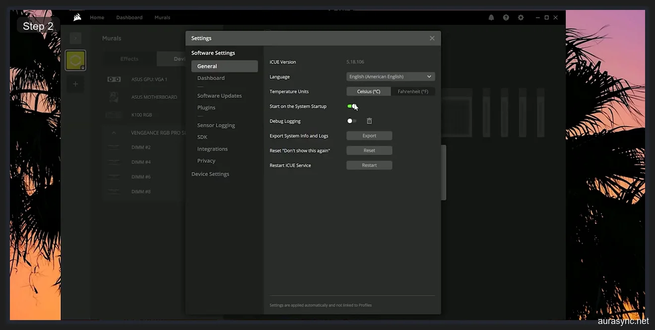 Corsair iCUE 5 Settings panel showing General tab with version 5.18.106, Restart iCUE Service button, and Debug Logging toggle