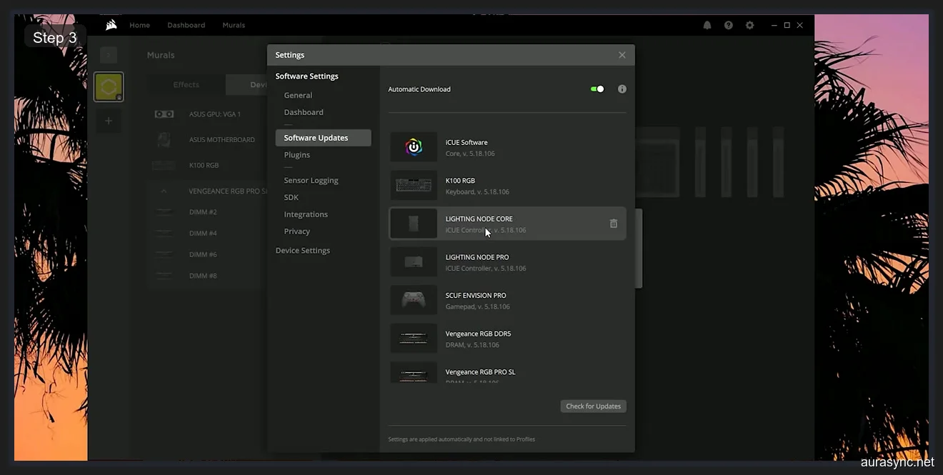Corsair iCUE Software Updates showing firmware versions for Vengeance RGB DDR5, Vengeance RGB PRO SL, Lighting Node Core, Lighting Node Pro, K100 RGB keyboard, and SCUF Envision Pro