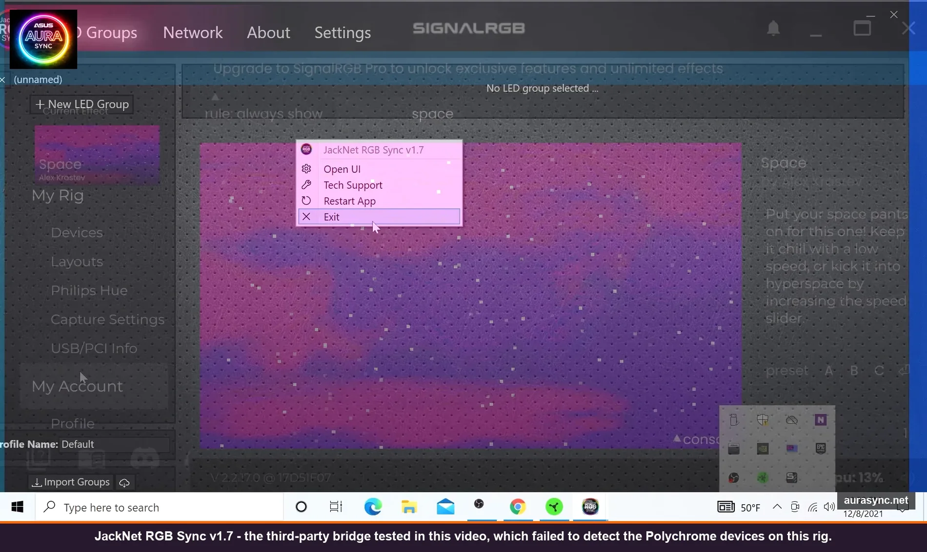 JackNet RGB Sync v1.7 main window with system tray context menu open