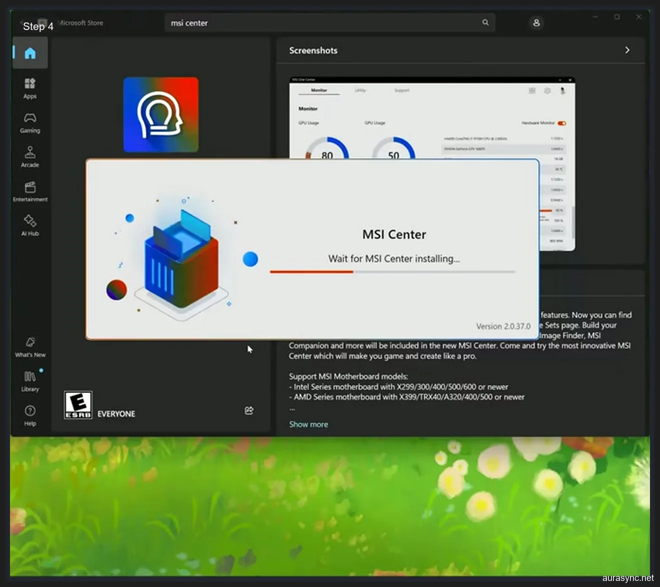 Microsoft Store installing MSI Center version 2.0.37.0 showing download progress and supported motherboard models