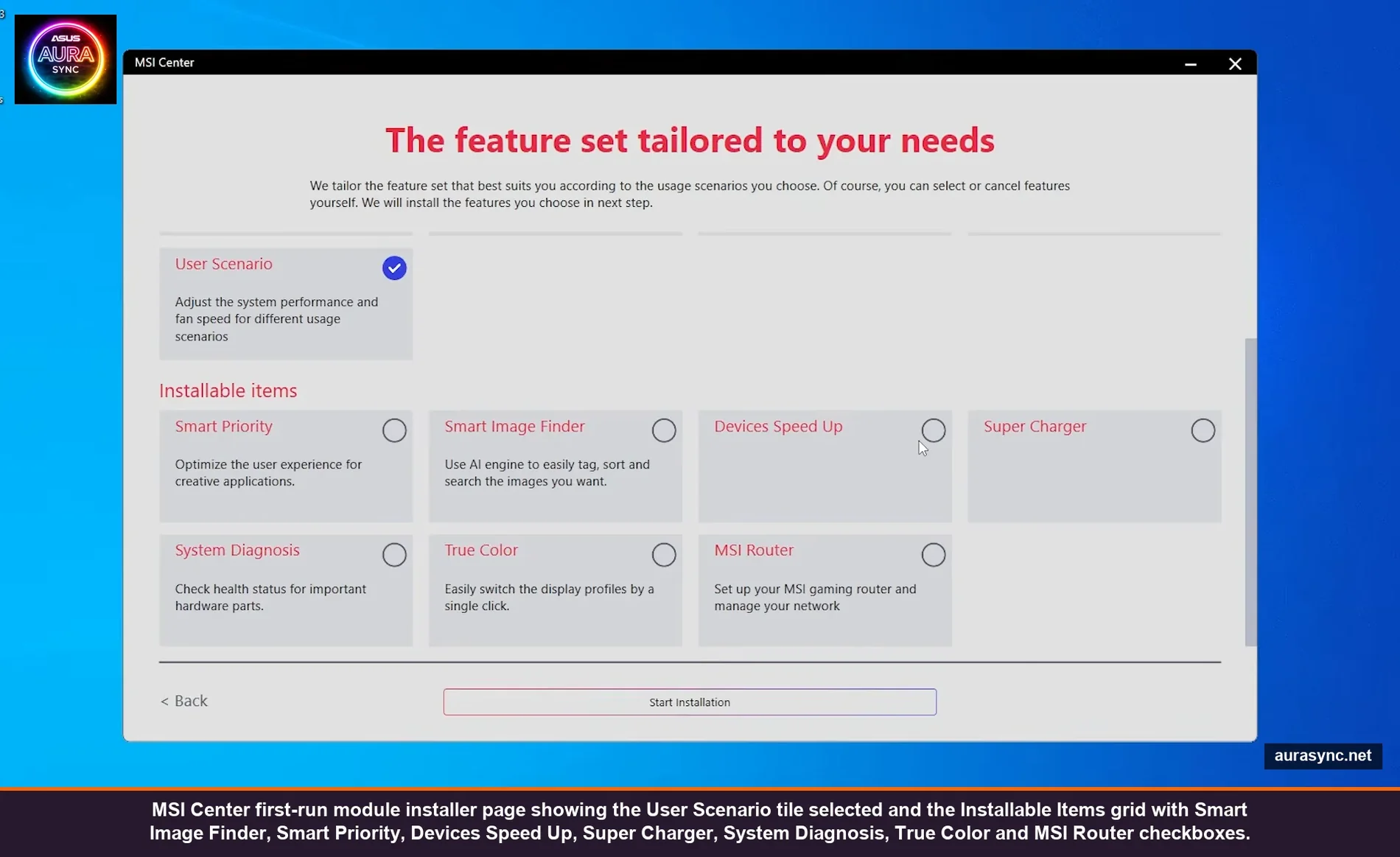 MSI Center first-run module installer page showing the User Scenario tile selected and the Installable Items grid with Smart Image Finder, Smart Priority, Devices Speed Up, Super Charger, System Diagnosis, True Color and MSI Router checkboxes