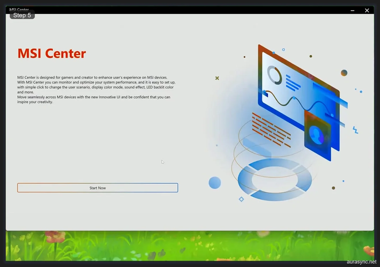 MSI Center welcome screen showing Start Now button after fresh installation with feature description