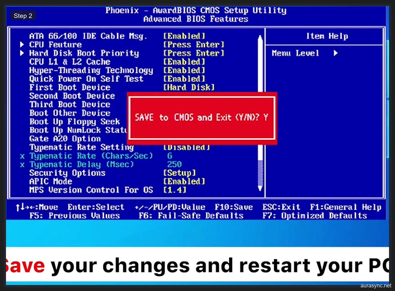 Legacy BIOS CMOS setup showing Save to CMOS and Exit dialog after enabling RGB lighting settings
